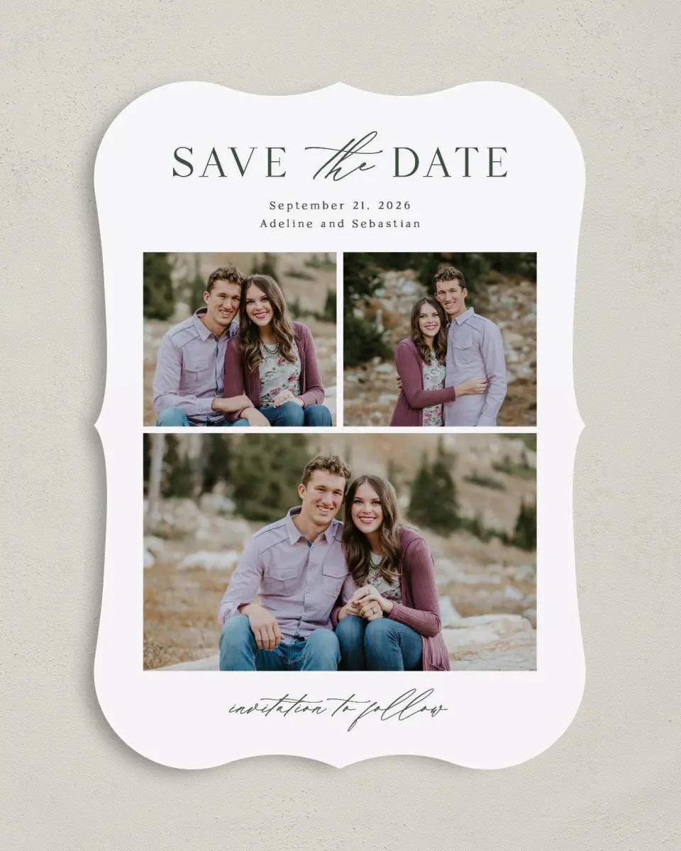 This is a 5" x 7" Save the Date Card called True Tradition printed in full color on Premium Smooth paper