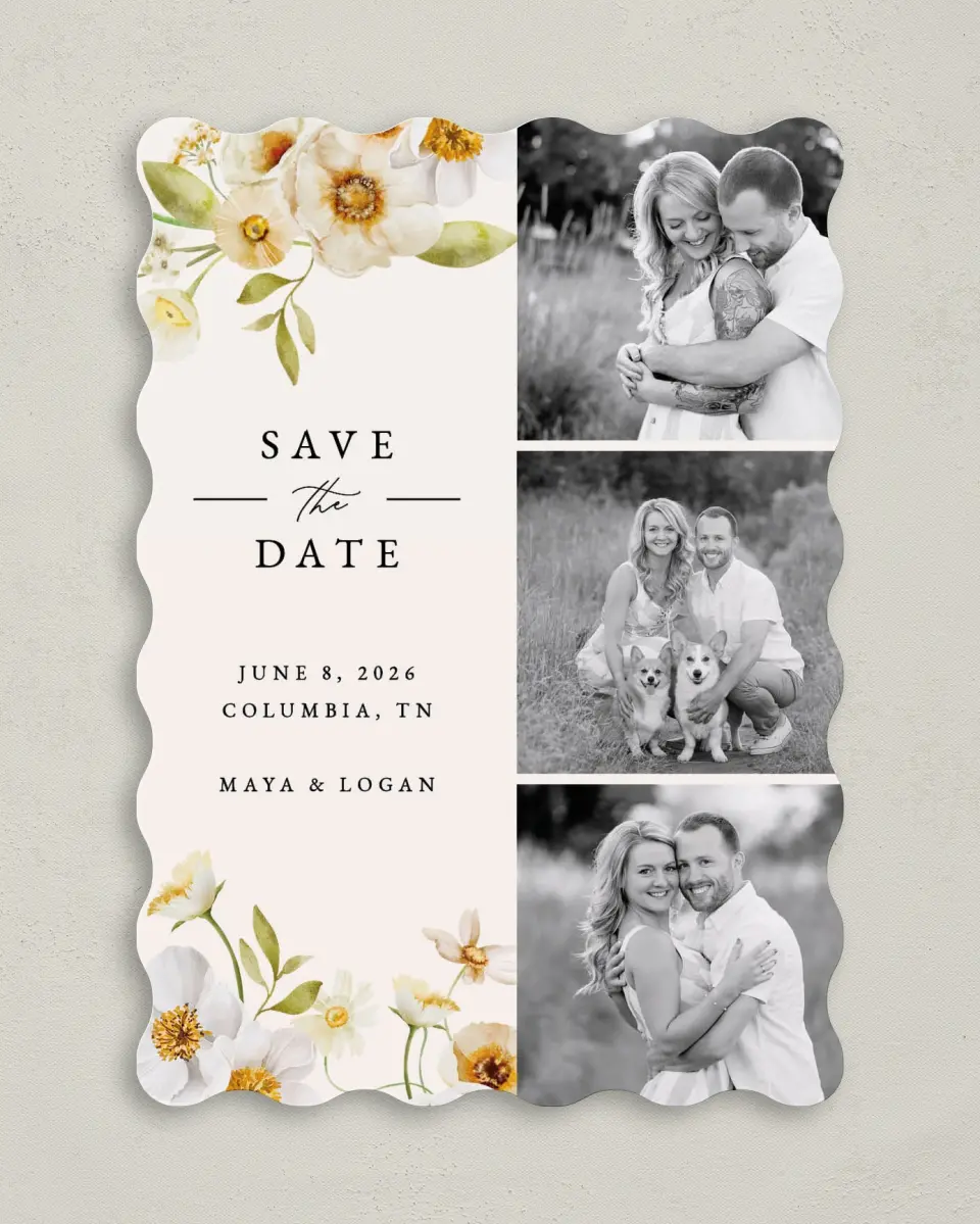 This is a 5" x 7" Save the Date Card called Charming Cosmos printed in full color on Premium Smooth paper
