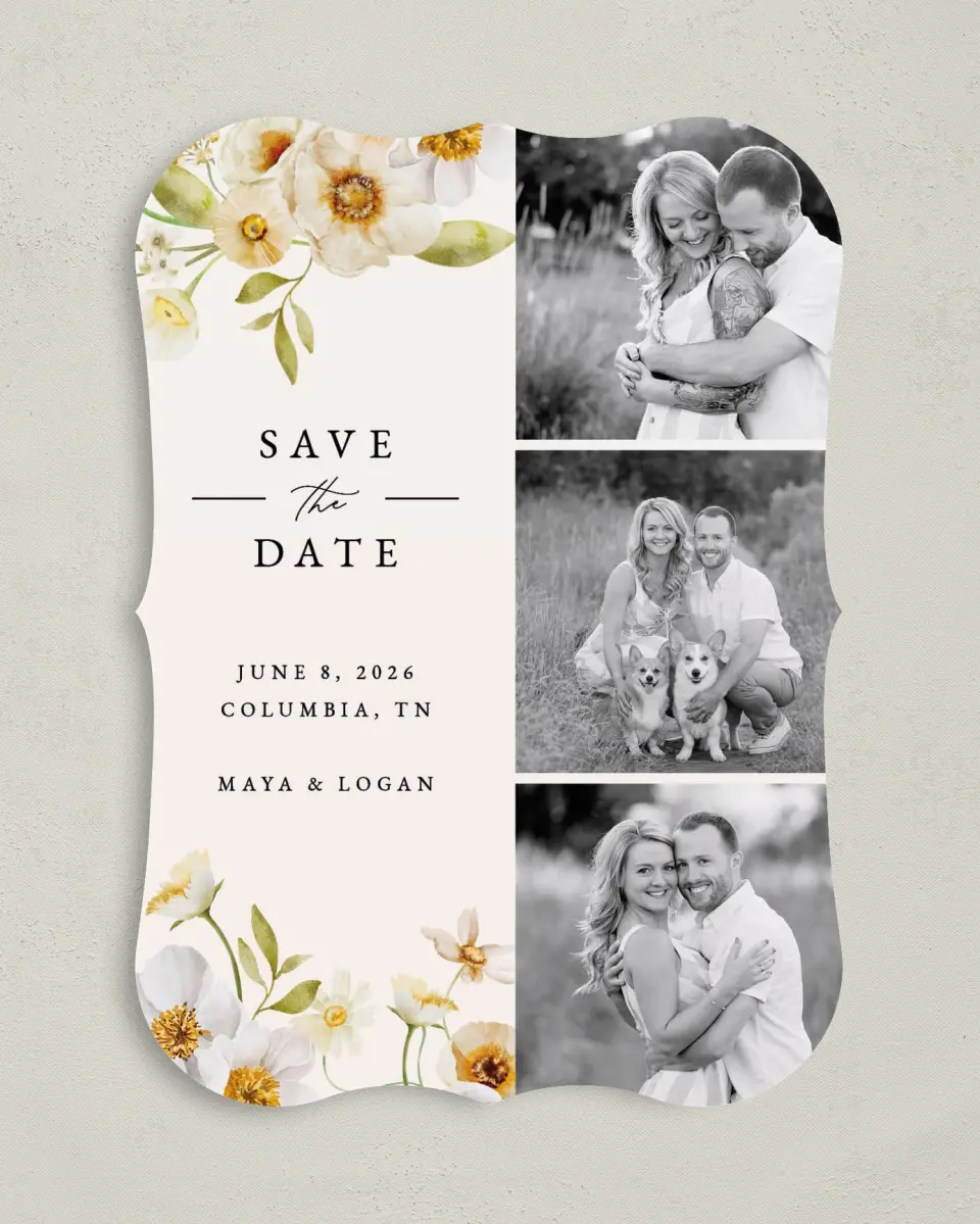 This is a 5" x 7" Save the Date Card called Charming Cosmos printed in full color on Premium Smooth paper