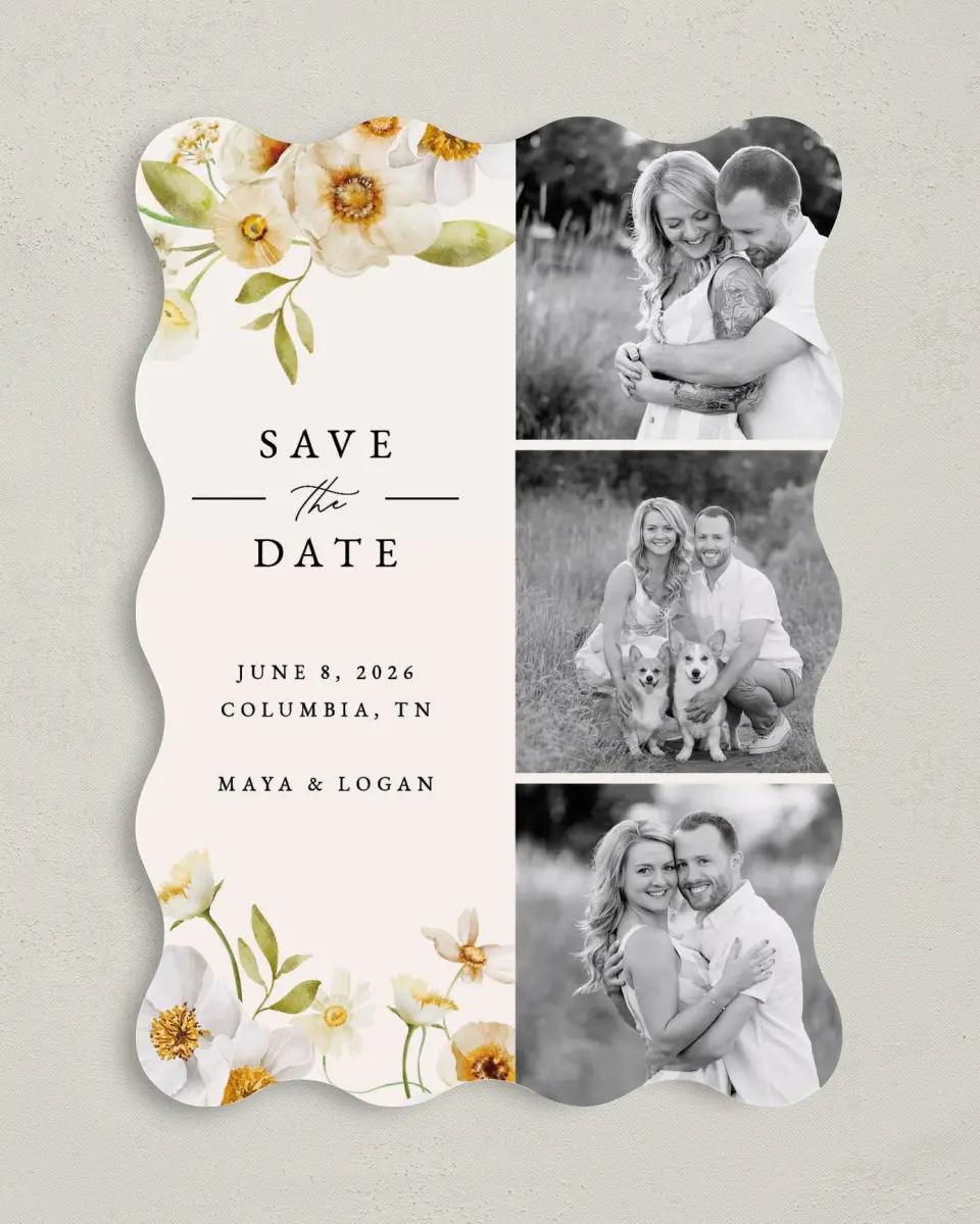 This is a 5" x 7" Save the Date Card called Charming Cosmos printed in full color with Rose Gold foil on Luxe Satin (coated) paper