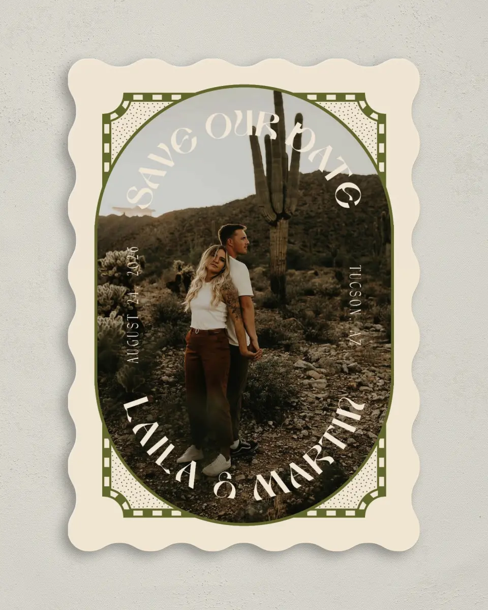 This is a 5" x 7" Save the Date Card called Desert Funk printed in full color on Premium Smooth paper