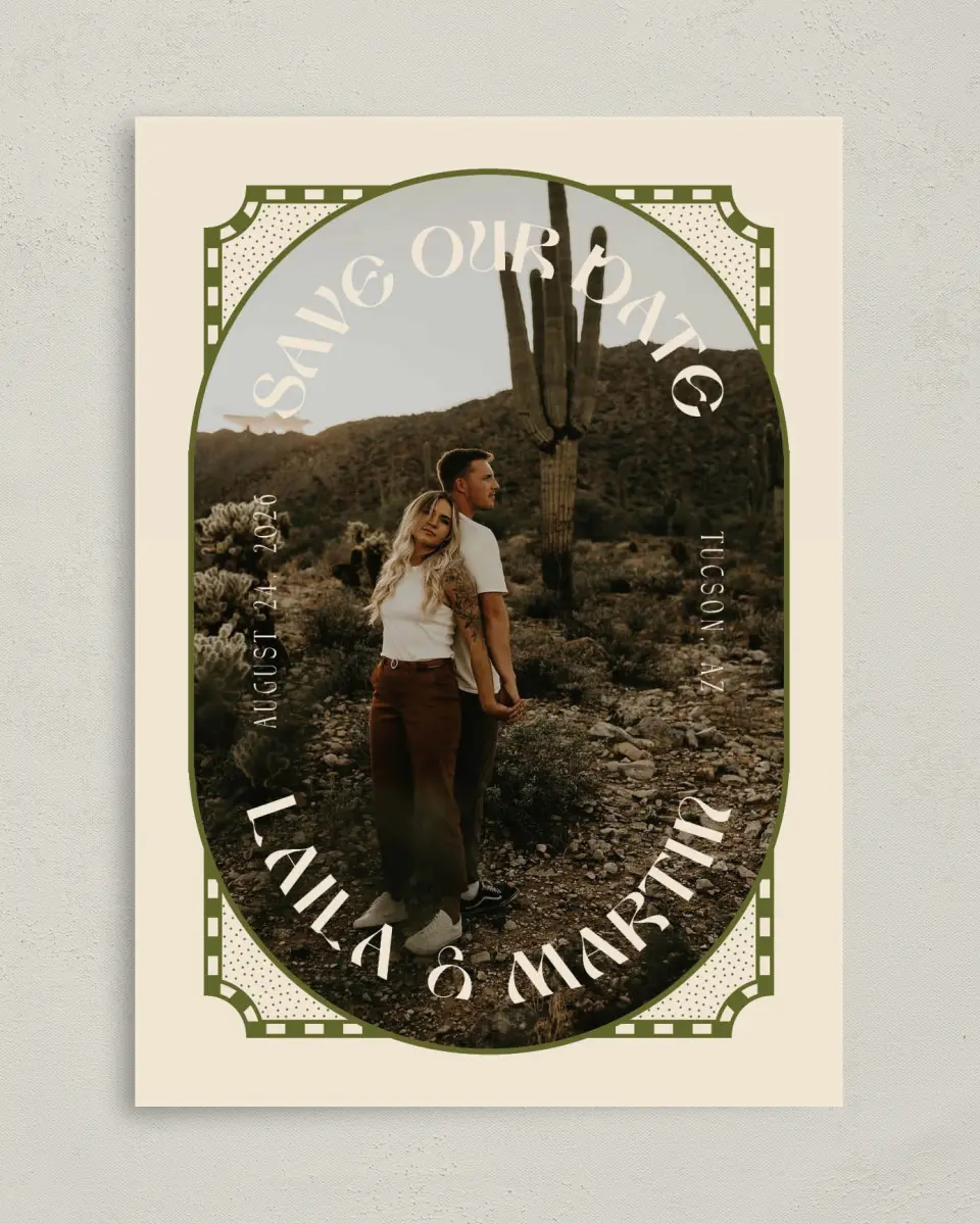 This is a 5" x 7" Save the Date Card called Desert Funk printed in full color on Premium Smooth paper