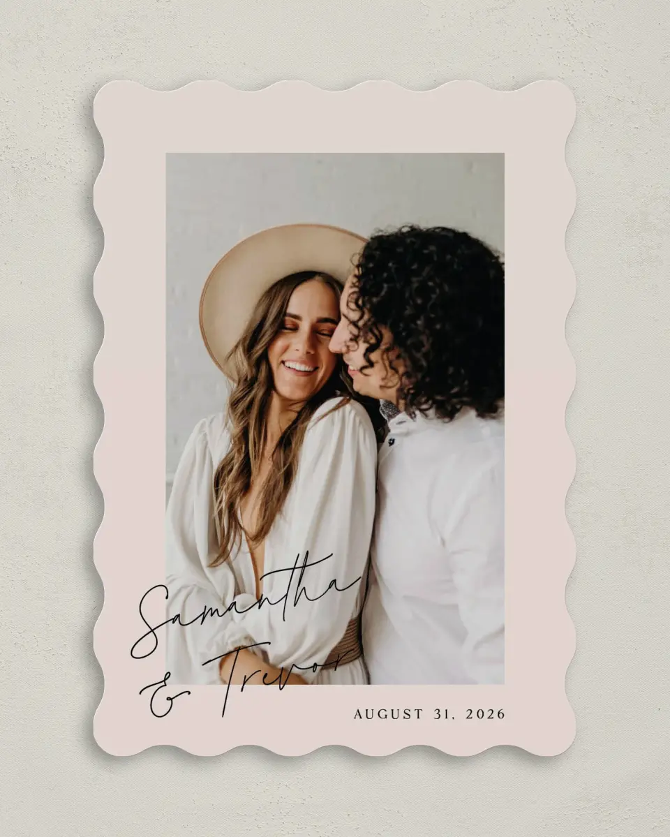 This is a 5" x 7" Save the Date Card called The Samantha printed in full color on Premium Smooth paper