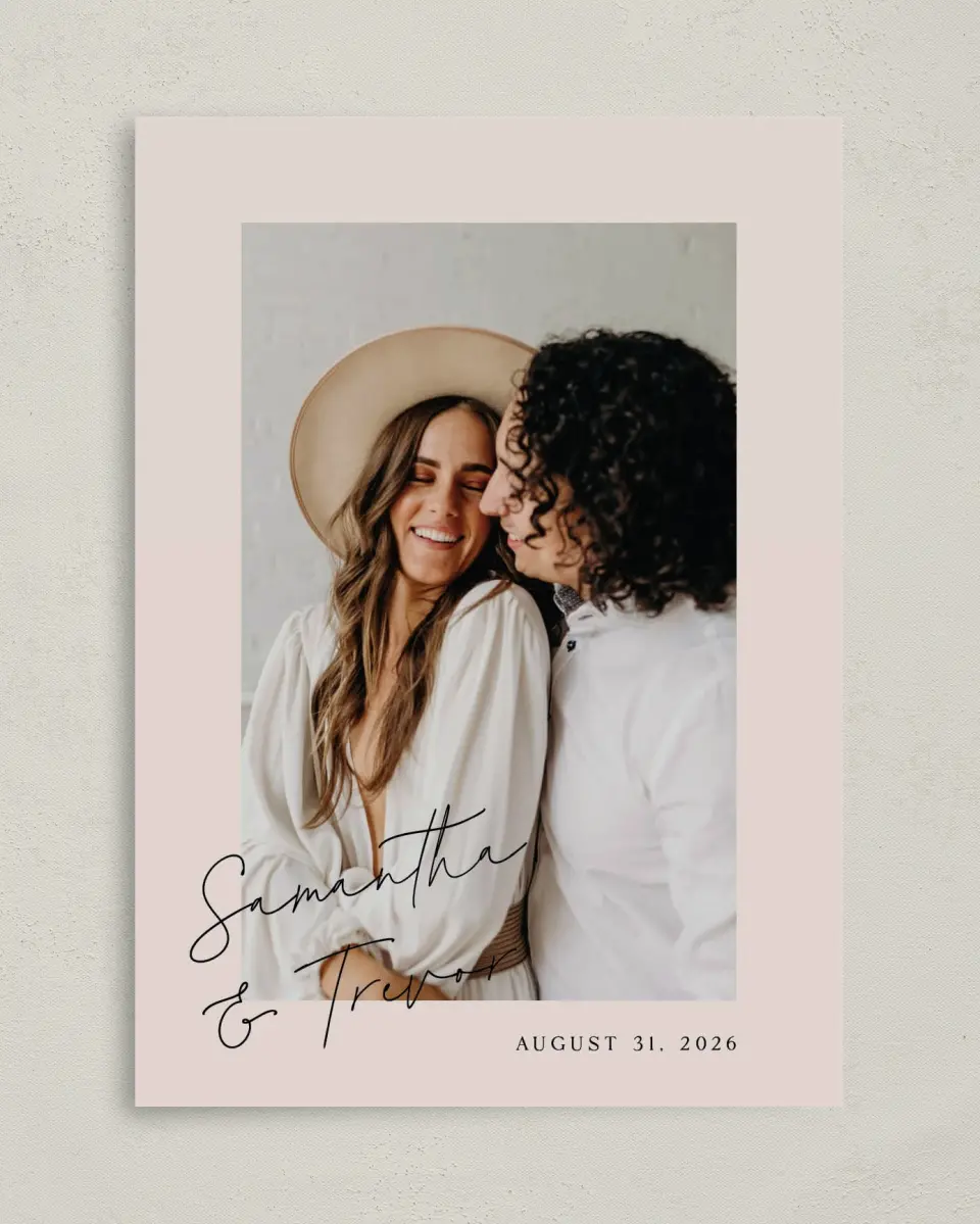 This is a 5" x 7" Save the Date Card called The Samantha printed in full color on Premium Smooth paper