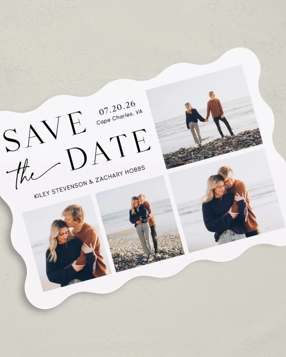 This is a 5" x 7" Save the Date Card called Picturesque printed in full color with Silver foil on Luxe Satin (coated) paper