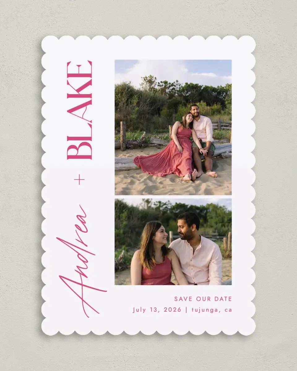 This is a 5" x 7" Save the Date Card called The Andrea printed in full color on Premium Smooth paper