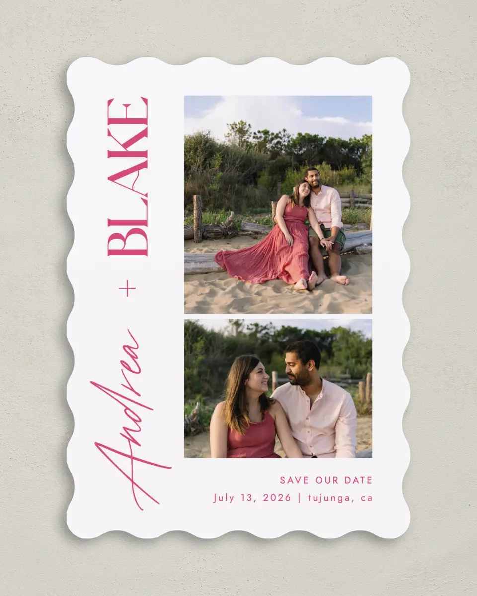 This is a 5" x 7" Save the Date Card called The Andrea printed in full color on Premium Smooth paper