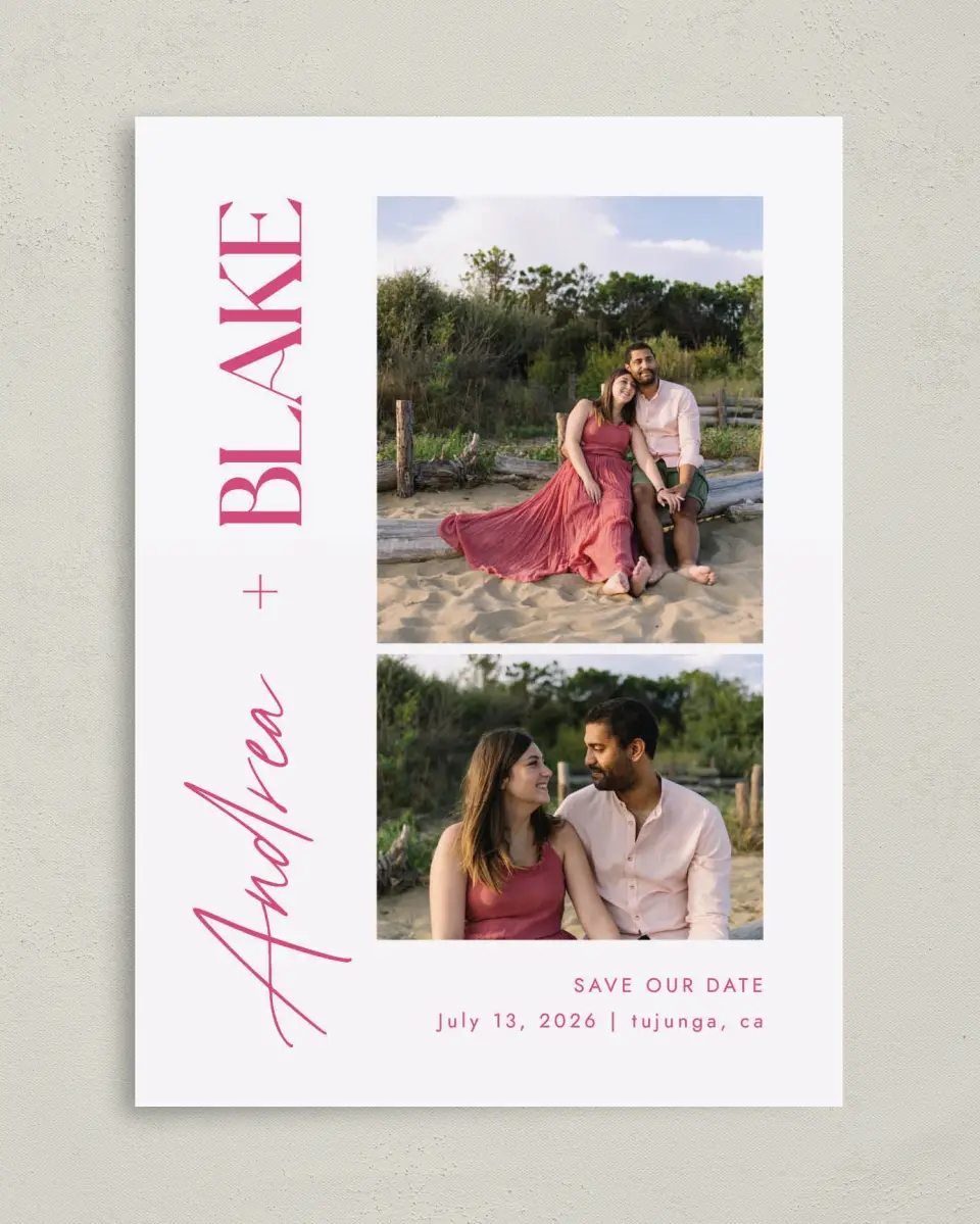 This is a 5" x 7" Save the Date Card called The Andrea printed in full color on Premium Smooth paper