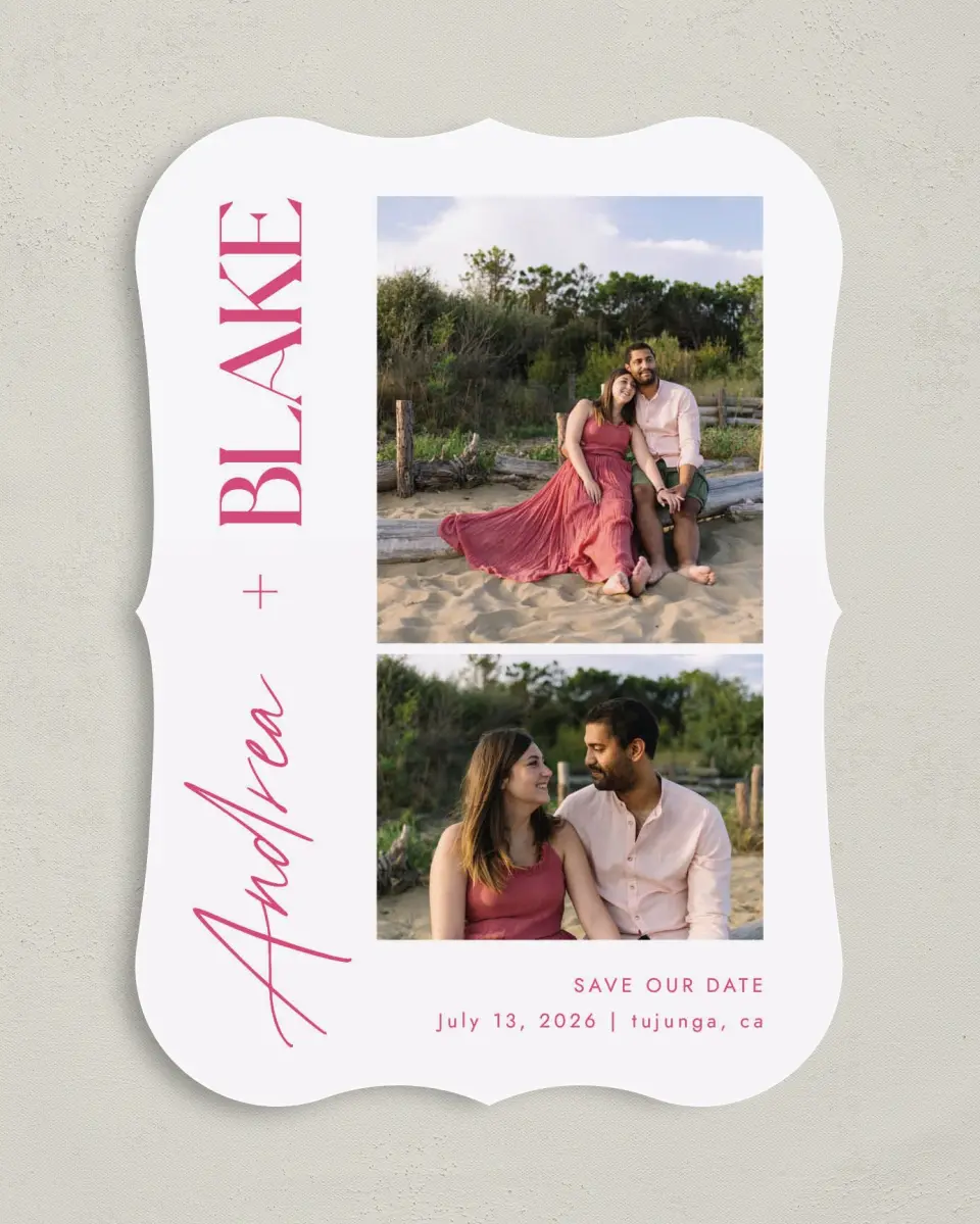 This is a 5" x 7" Save the Date Card called The Andrea printed in full color on Premium Smooth paper