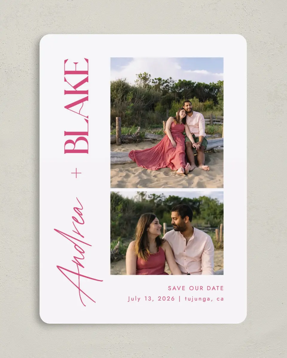 This is a 5" x 7" Save the Date Card called The Andrea printed in full color on Premium Smooth paper