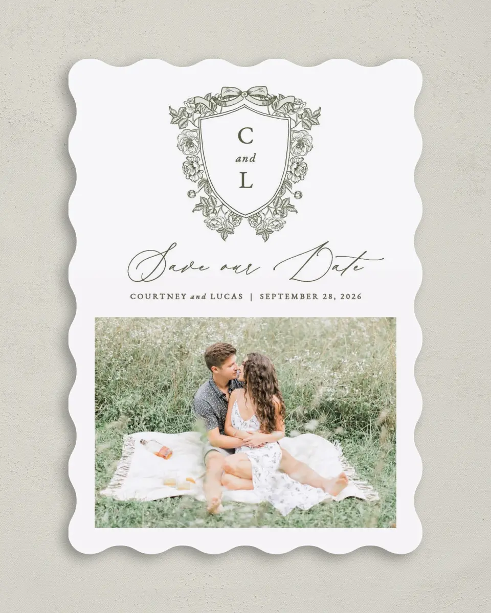 This is a 5" x 7" Save the Date Card called Elegant Crest printed in full color on Premium Smooth paper
