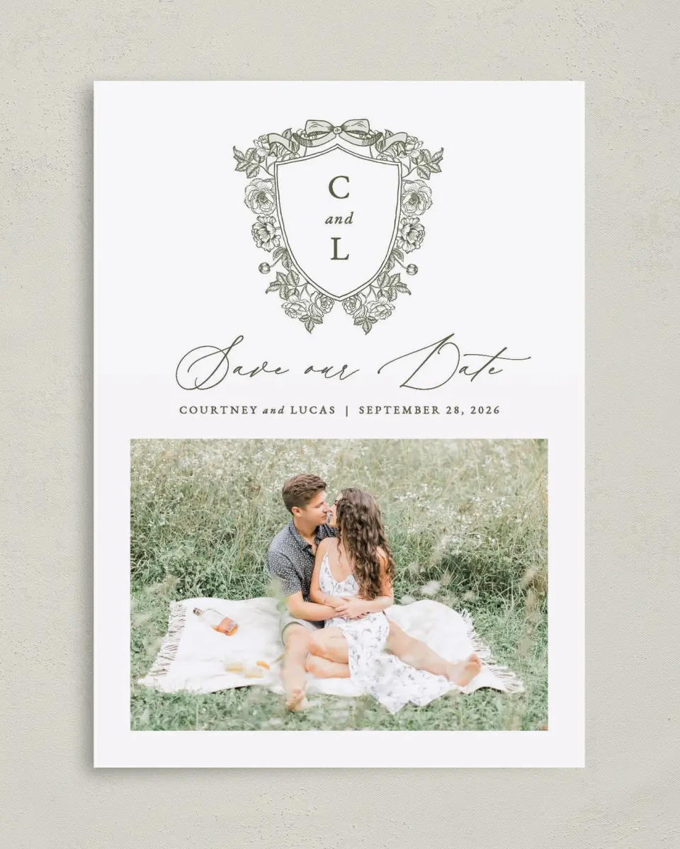 This is a 5" x 7" Save the Date Card called Elegant Crest printed in full color on Premium Smooth paper