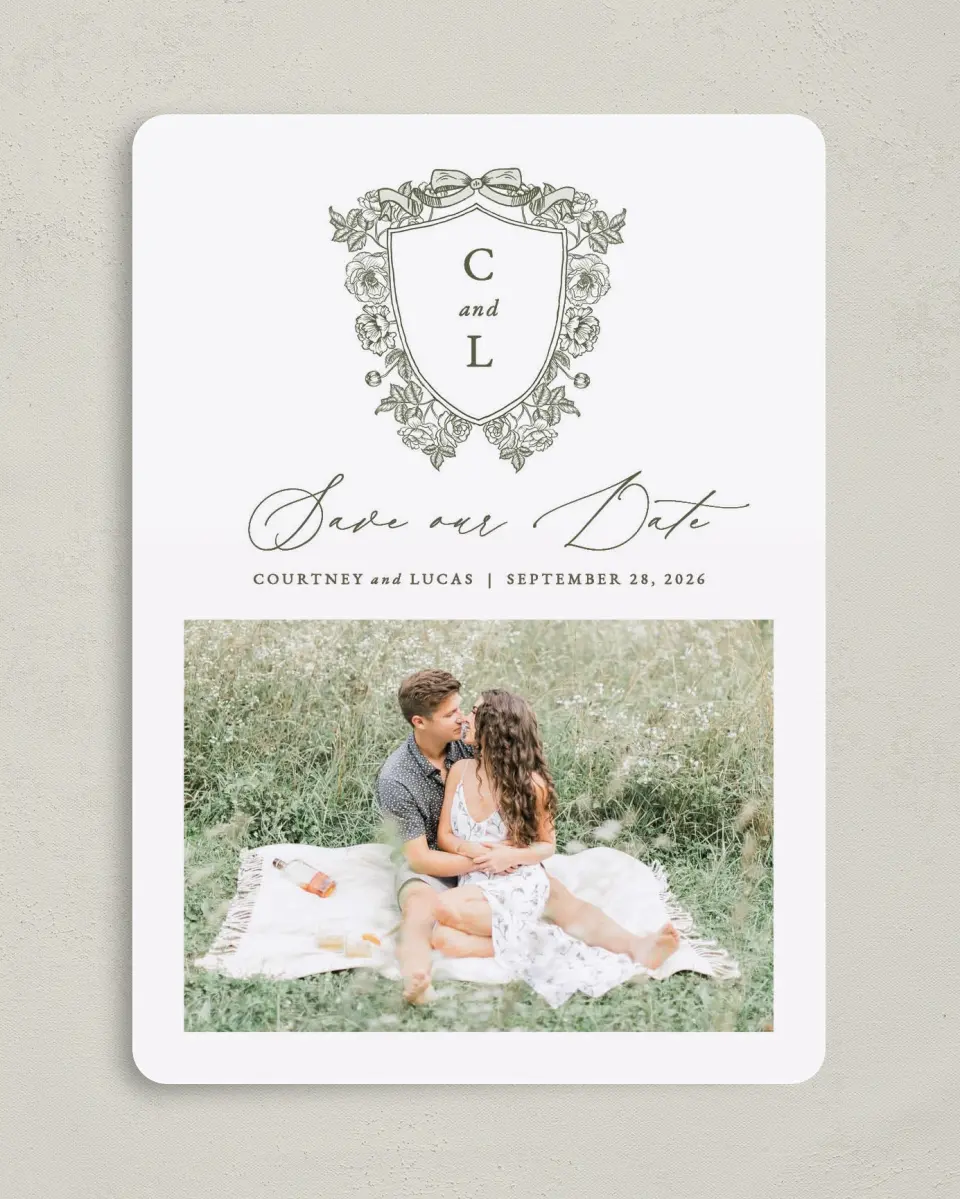 This is a 5" x 7" Save the Date Card called Elegant Crest printed in full color on Premium Smooth paper