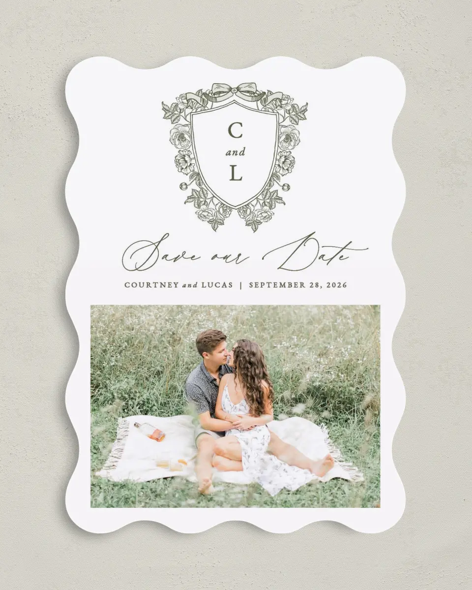 This is a 5" x 7" Save the Date Card called Elegant Crest printed in full color on Premium Smooth paper