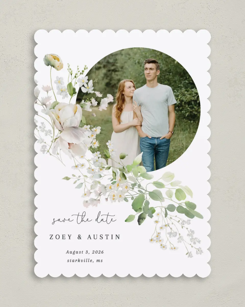 This is a 5" x 7" Save the Date Card called The Zoey printed in full color on Premium Smooth paper
