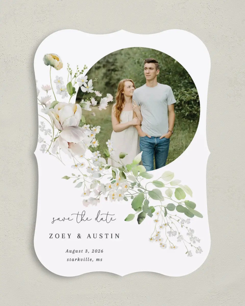 This is a 5" x 7" Save the Date Card called The Zoey printed in full color on Premium Smooth paper