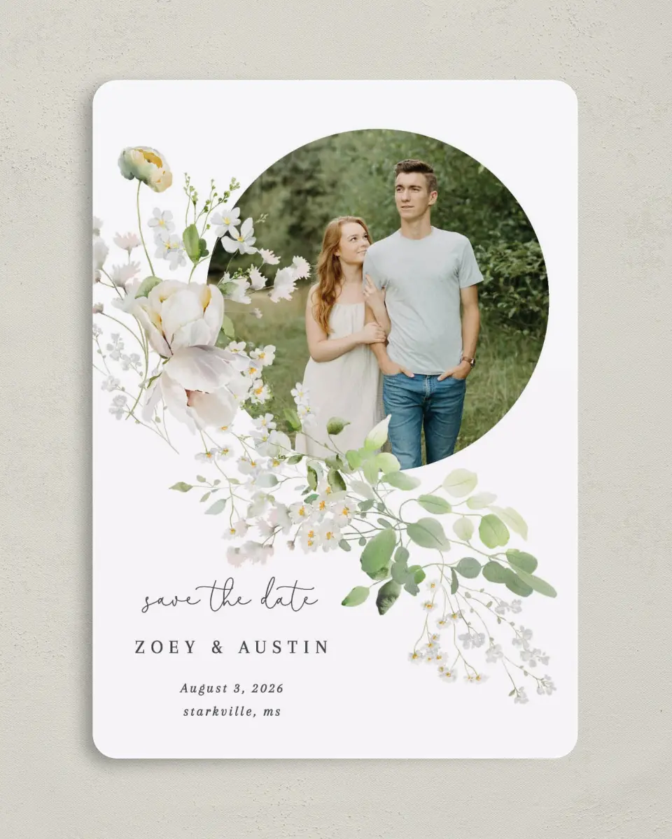 This is a 5" x 7" Save the Date Card called The Zoey printed in full color on Premium Smooth paper