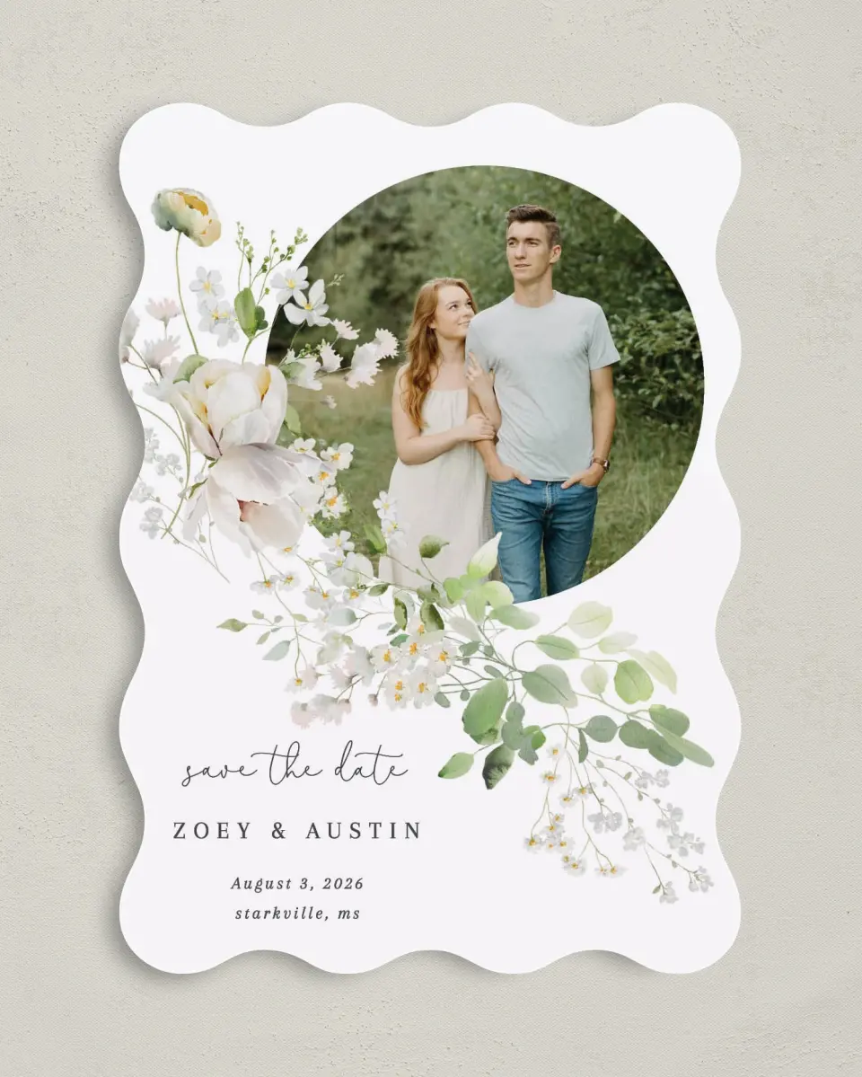 This is a 5" x 7" Save the Date Card called The Zoey printed in full color on Premium Smooth paper