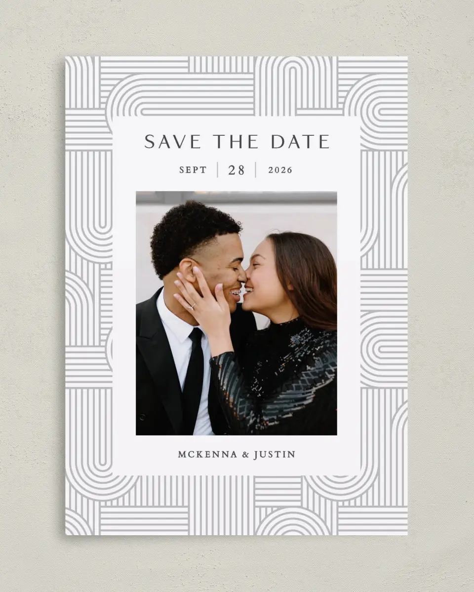 This is a 5" x 7" Save the Date Card called Geometric Elegance printed in full color on Premium Smooth paper