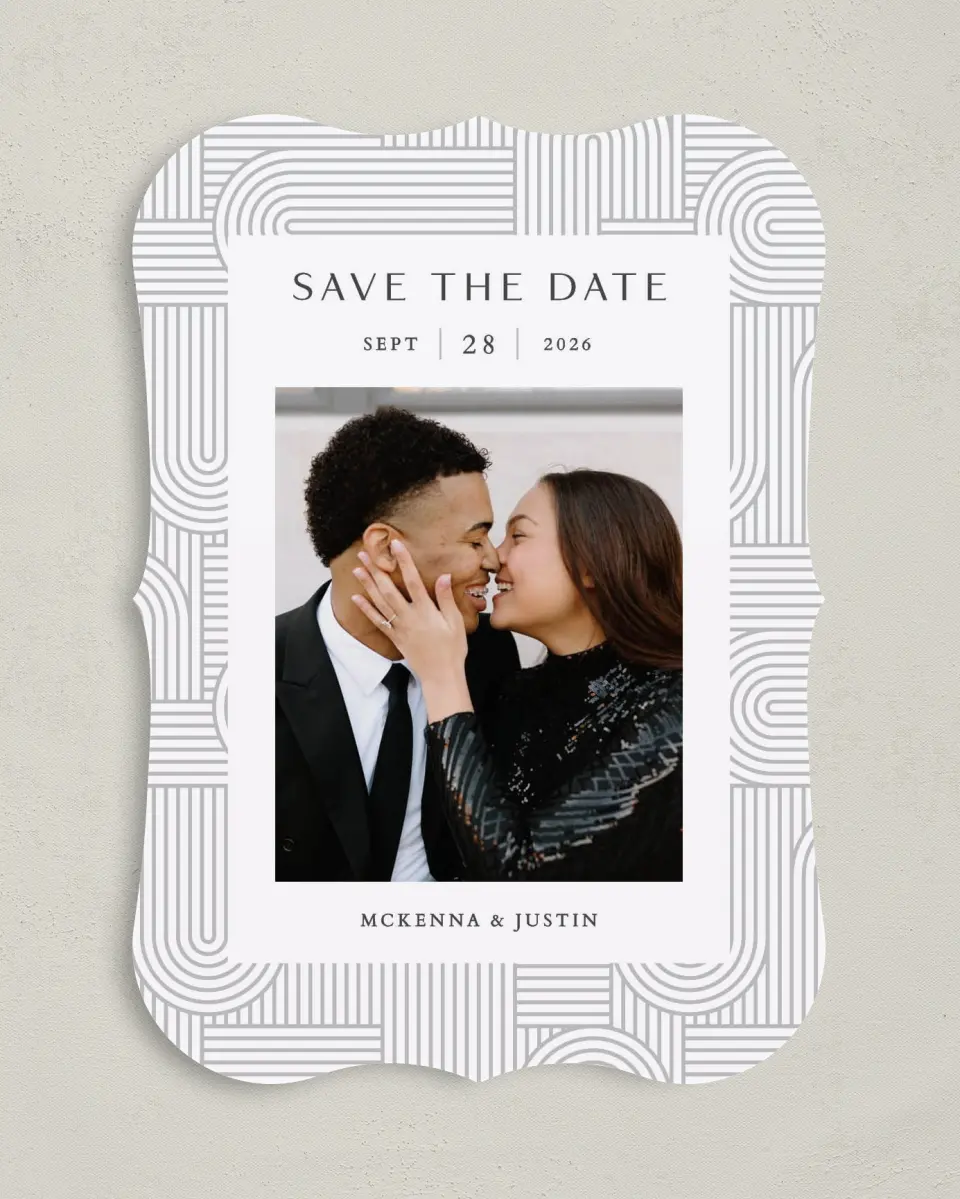 This is a 5" x 7" Save the Date Card called Geometric Elegance printed in full color on Premium Smooth paper