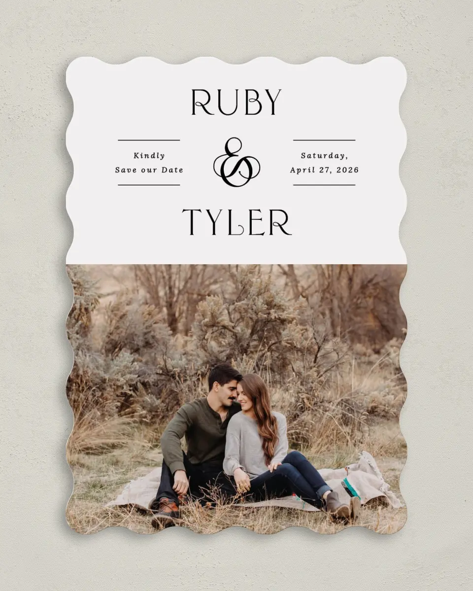 This is a 5" x 7" Save the Date Card called The Ruby printed in full color on Premium Smooth paper
