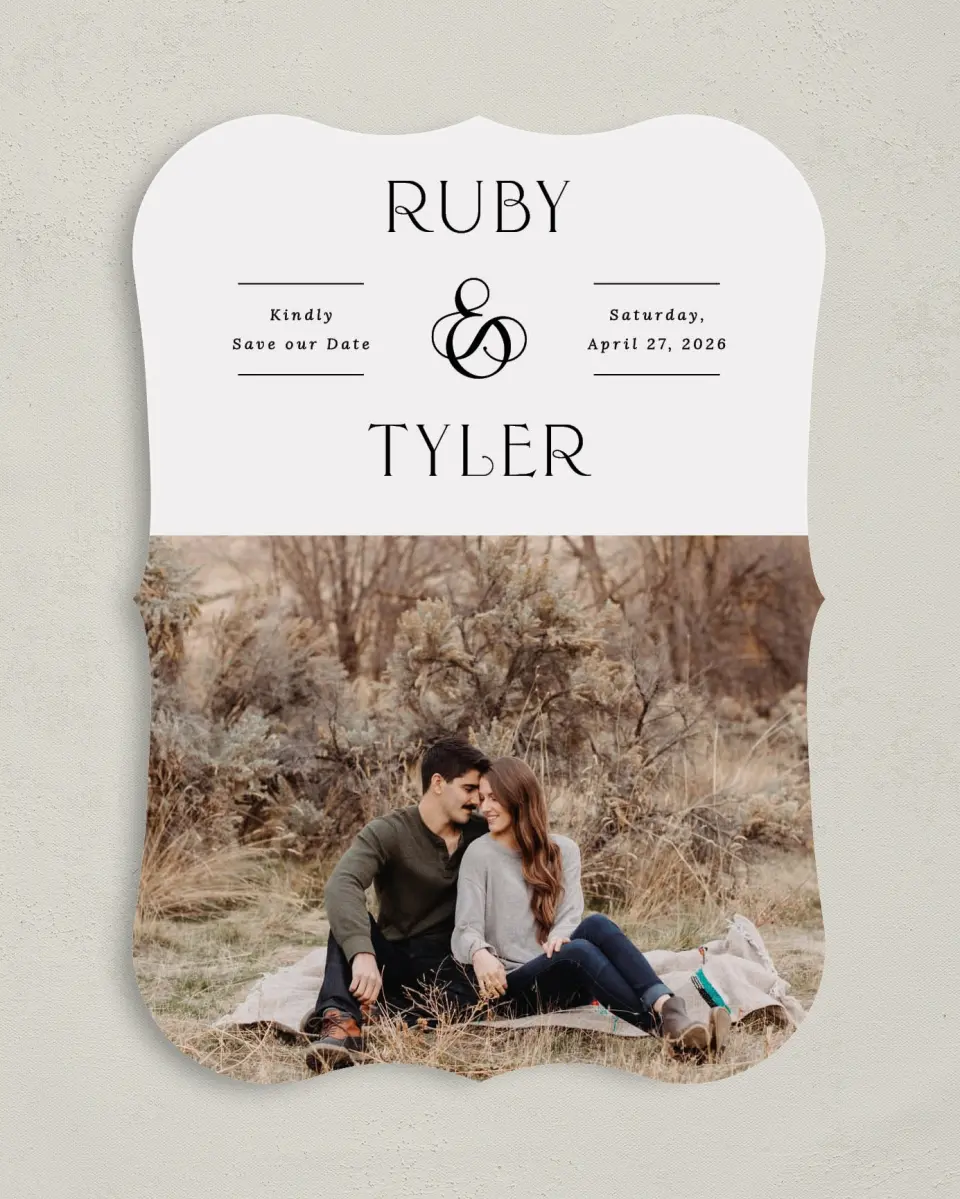 This is a 5" x 7" Save the Date Card called The Ruby printed in full color on Premium Smooth paper