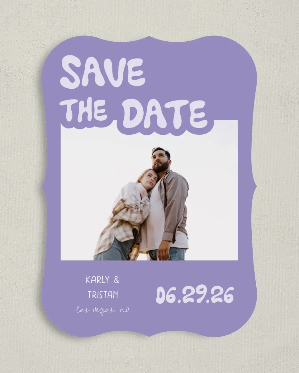This is a 5" x 7" Save the Date Card called The Karly printed in full color on Premium Smooth paper