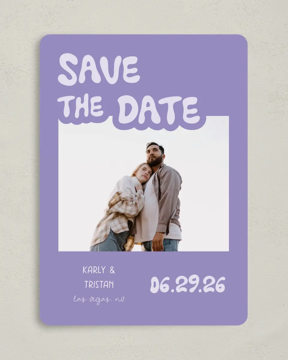This is a 5" x 7" Save the Date Card called The Karly printed in full color on Premium Smooth paper