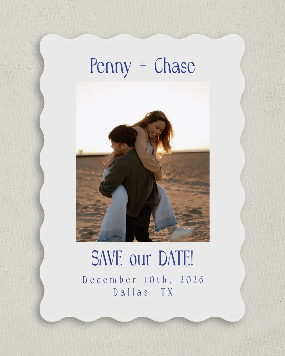 This is a 5" x 7" Save the Date Card called Retro Love printed in full color on Premium Smooth paper