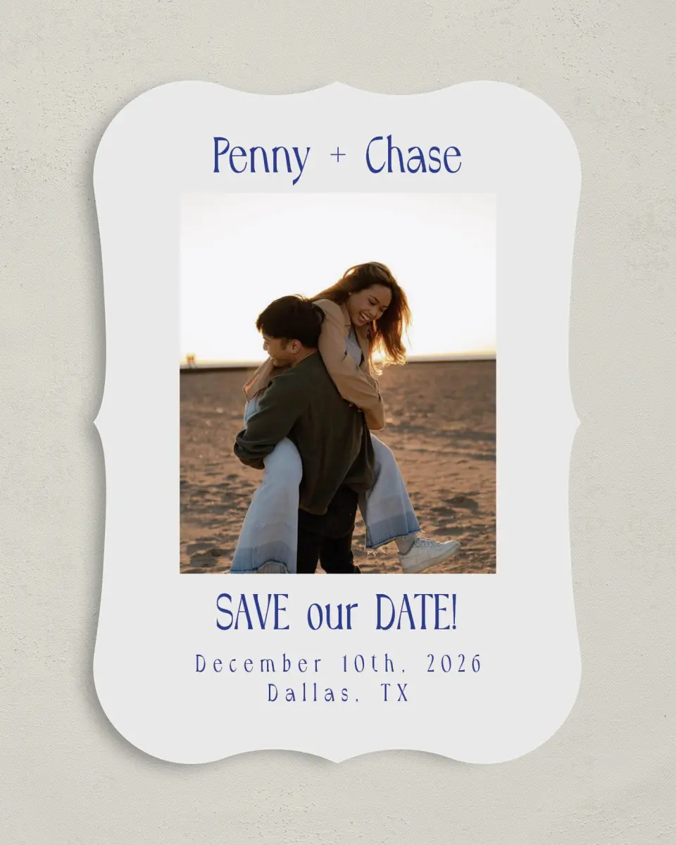This is a 5" x 7" Save the Date Card called Retro Love printed in full color on Premium Smooth paper
