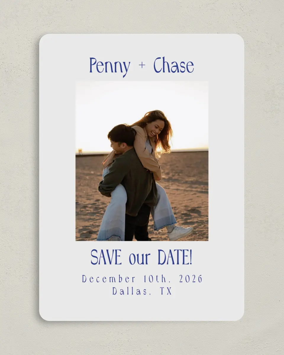 This is a 5" x 7" Save the Date Card called Retro Love printed in full color on Premium Smooth paper