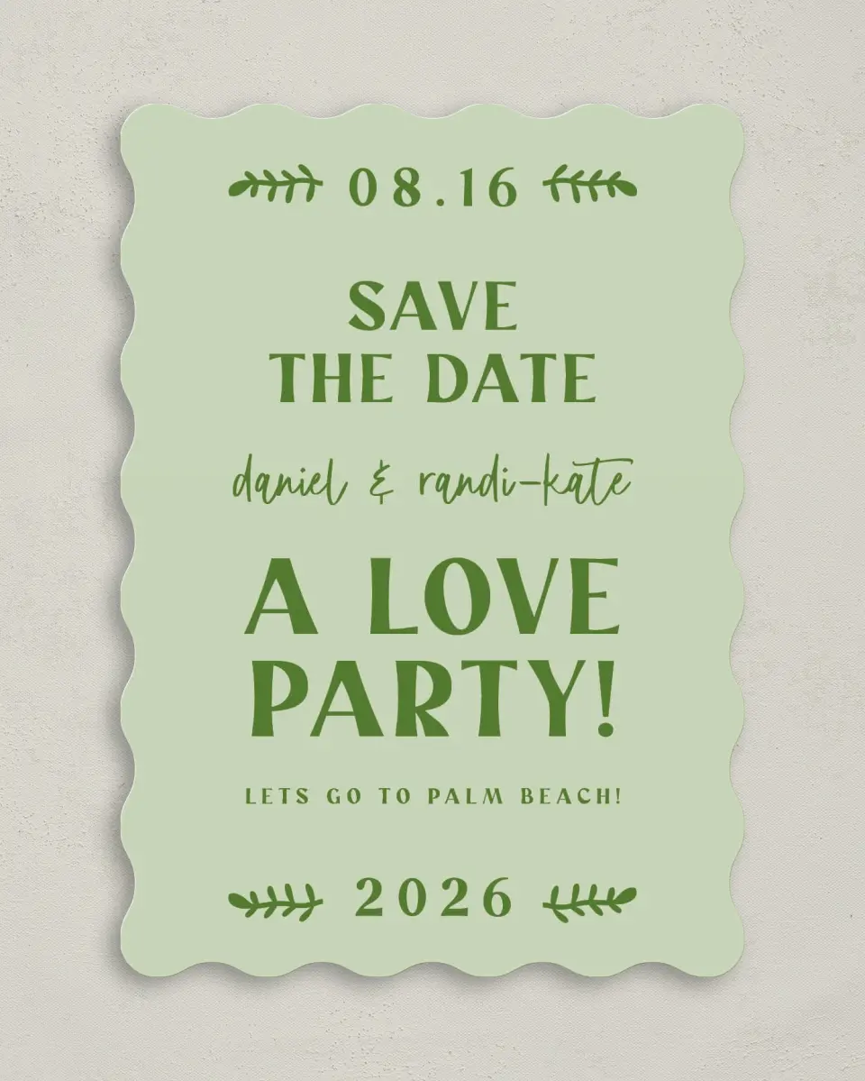 This is a 5" x 7" Save the Date Card called Love Party! printed in full color on Premium Smooth paper