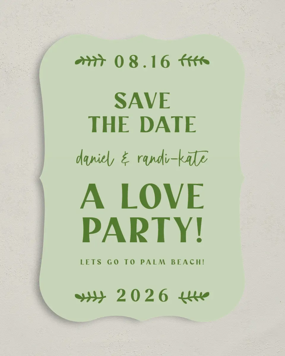 This is a 5" x 7" Save the Date Card called Love Party! printed in full color on Premium Smooth paper