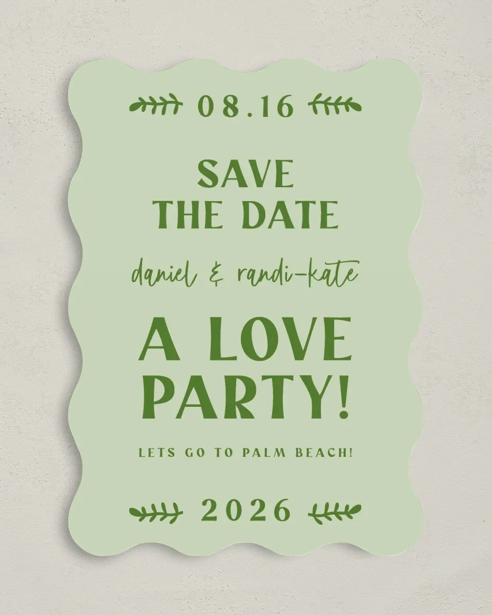 This is a 5" x 7" Save the Date Card called Love Party! printed in full color on Premium Smooth paper