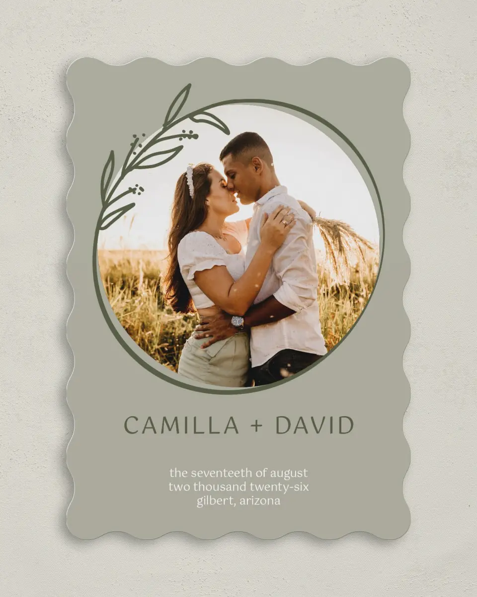 This is a 5" x 7" Save the Date Card called Growing to Blossom printed in full color on Premium Smooth paper