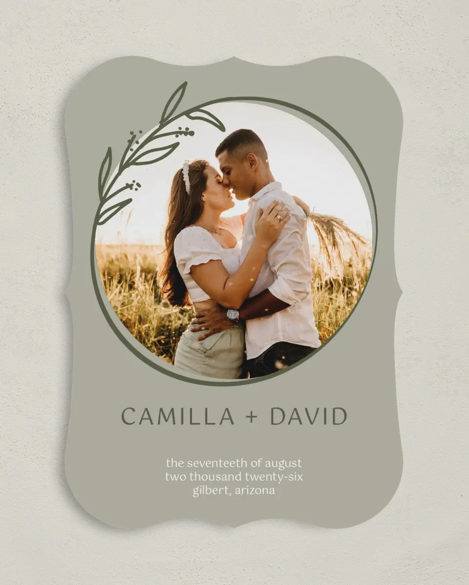 This is a 5" x 7" Save the Date Card called Growing to Blossom printed in full color on Premium Smooth paper