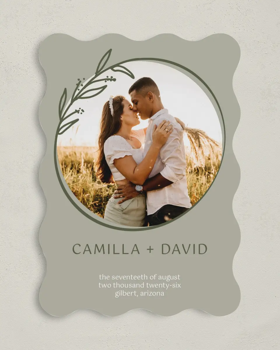 This is a 5" x 7" Save the Date Card called Growing to Blossom printed in full color on Premium Smooth paper