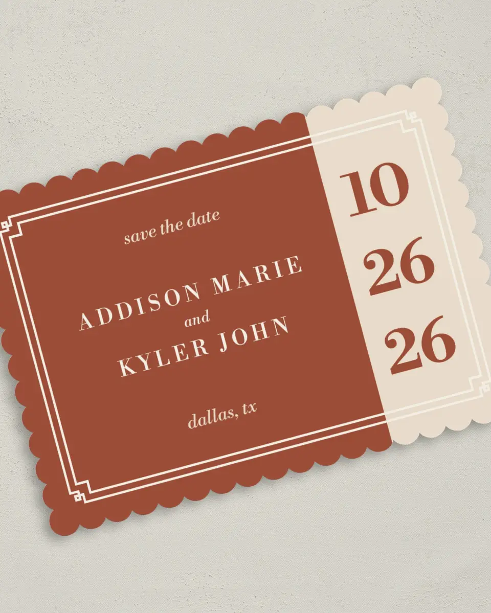 This is a 5" x 7" Save the Date Card called Golden Love printed in full color on Premium Smooth paper