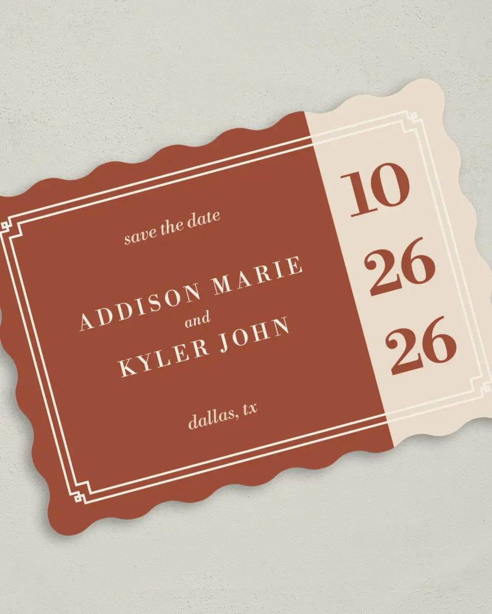 This is a 5" x 7" Save the Date Card called Golden Love printed in full color on Premium Smooth paper