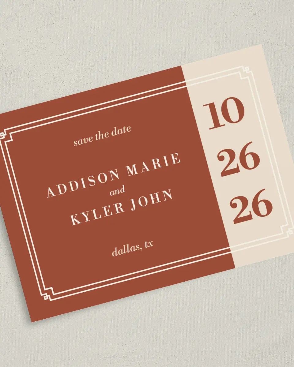 This is a 5" x 7" Save the Date Card called Golden Love printed in full color with Silver foil on Luxe Satin (coated) paper