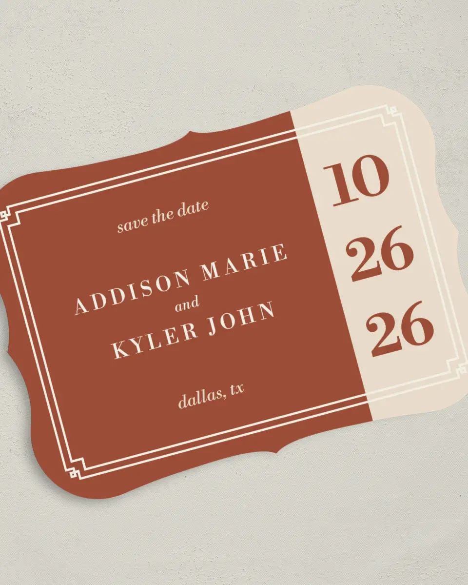 This is a 5" x 7" Save the Date Card called Golden Love printed in full color on Premium Smooth paper