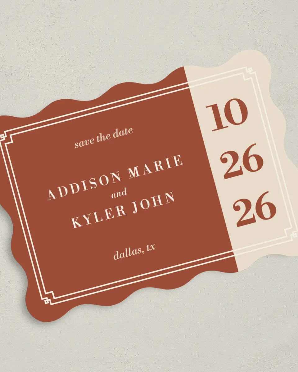 This is a 5" x 7" Save the Date Card called Golden Love printed in full color on Premium Smooth paper