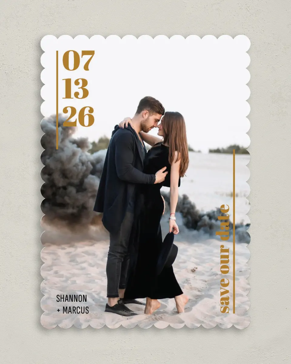 This is a 5" x 7" Save the Date Card called The 1 printed in full color on Premium Smooth paper