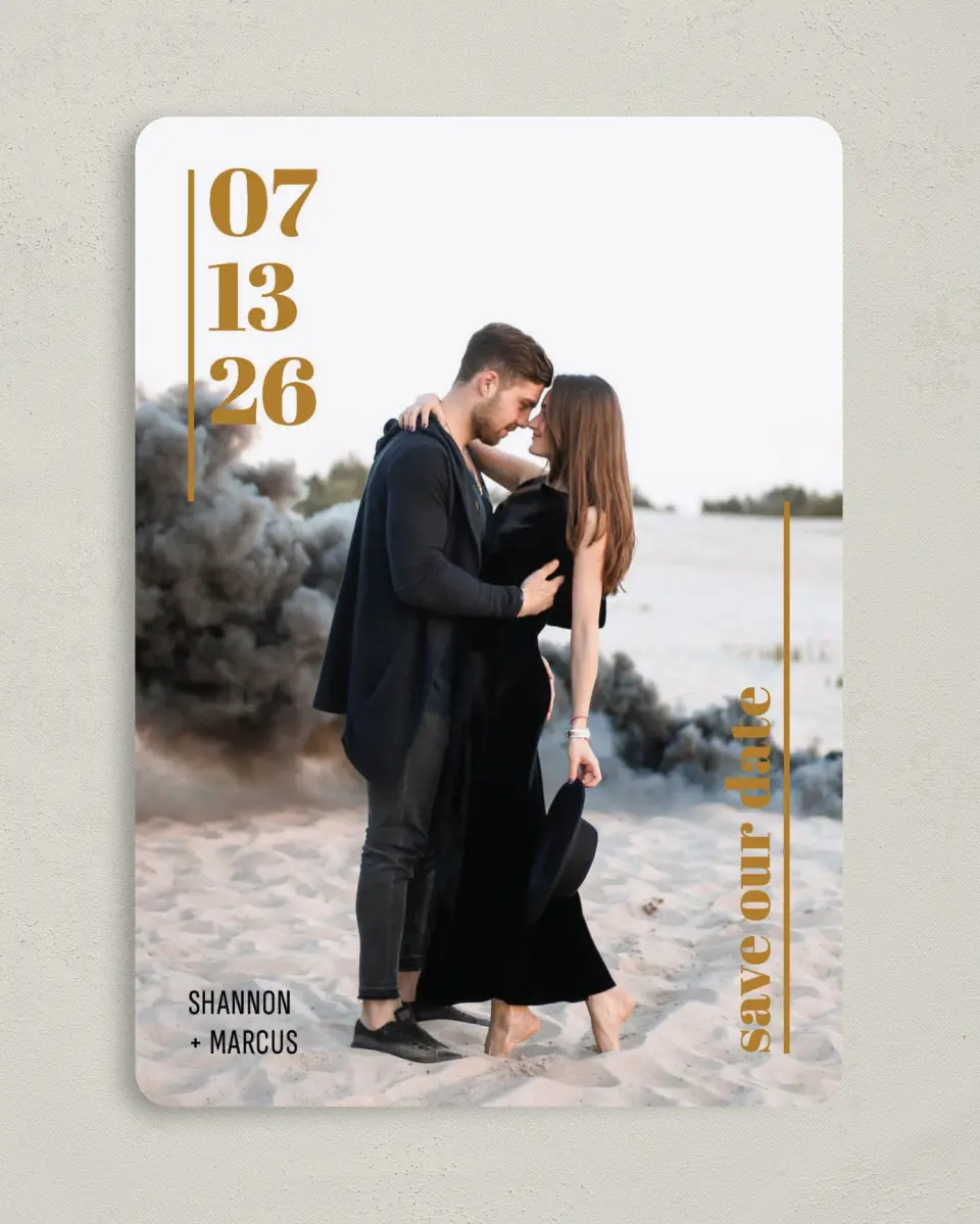 This is a 5" x 7" Save the Date Card called The 1 printed in full color on Premium Smooth paper