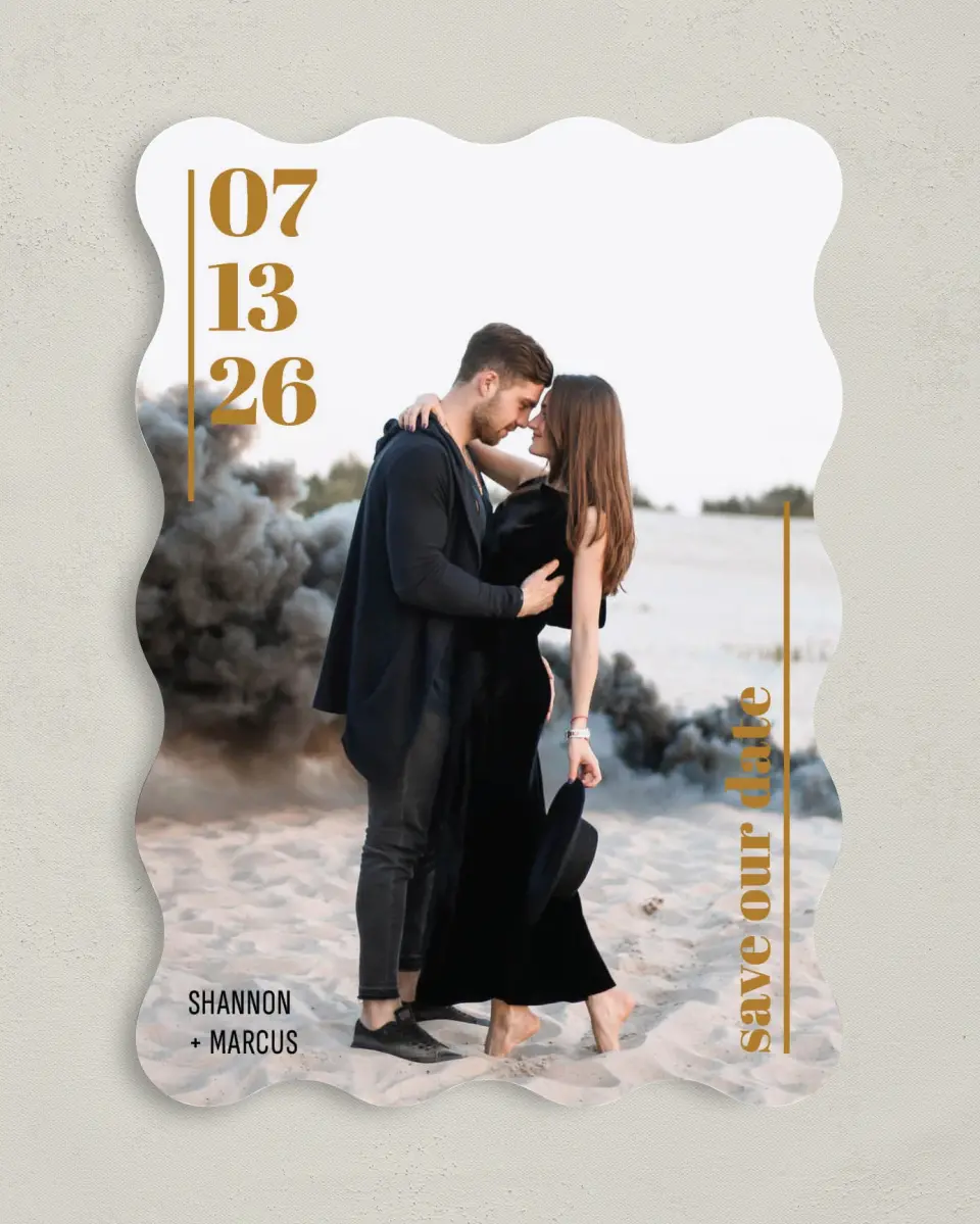 This is a 5" x 7" Save the Date Card called The 1 printed in full color on Premium Smooth paper