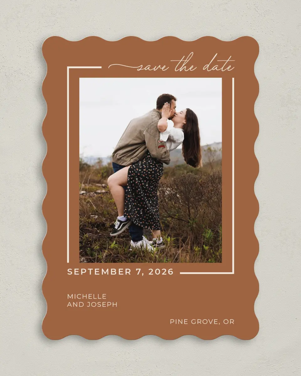 This is a 5" x 7" Save the Date Card called Kisses & Wishes printed in full color on Premium Smooth paper