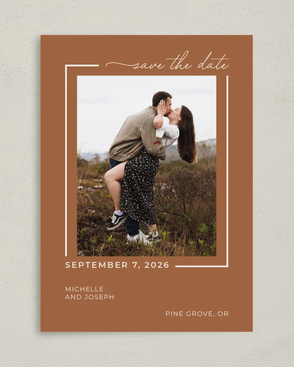 This is a 5" x 7" Save the Date Card called Kisses & Wishes printed in full color on Premium Smooth paper