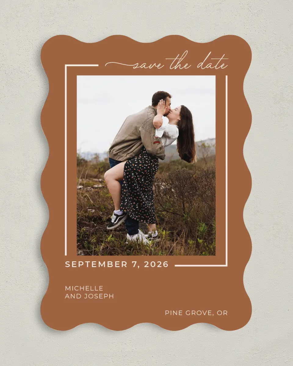 This is a 5" x 7" Save the Date Card called Kisses & Wishes printed in full color on Premium Smooth paper