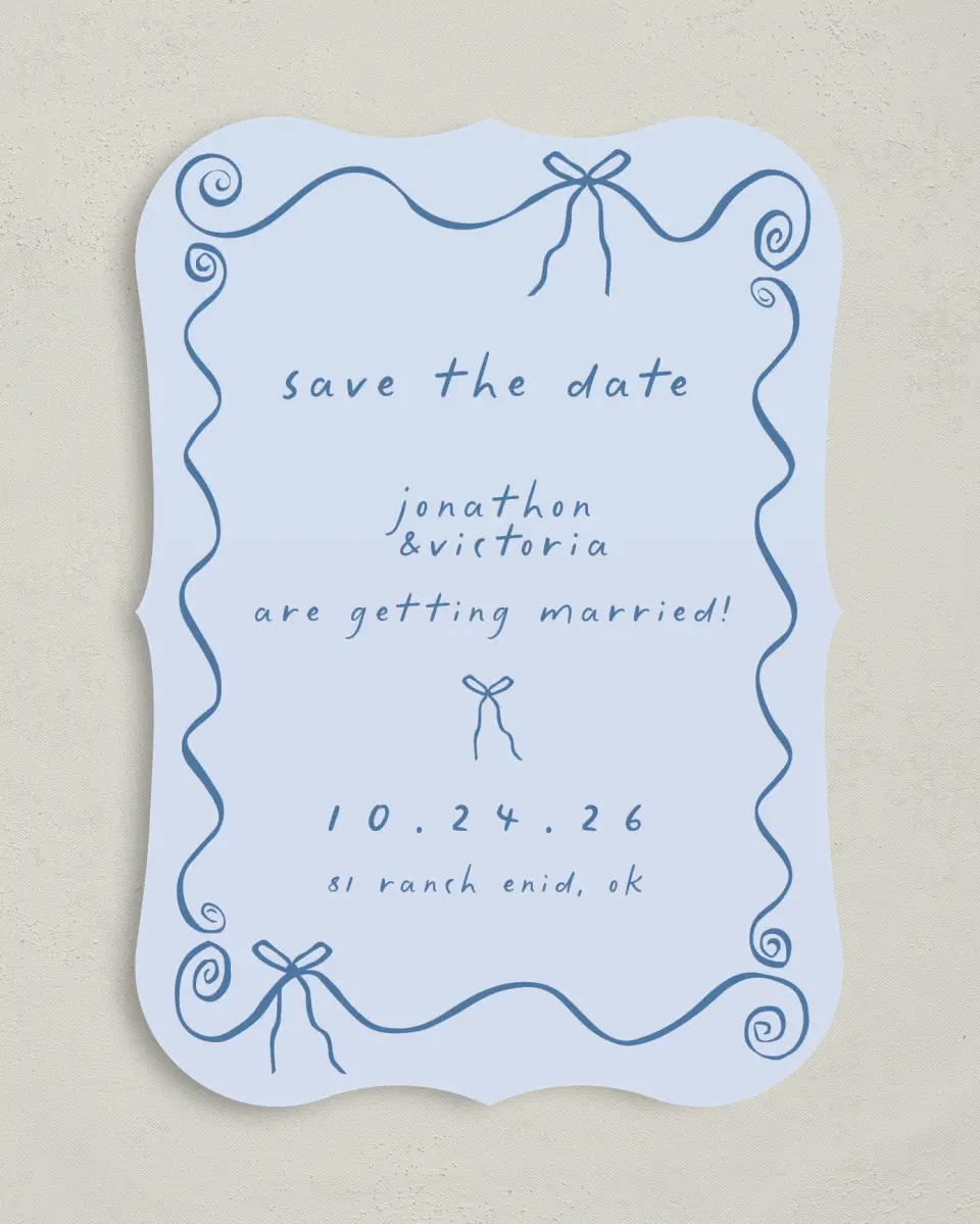 This is a 5" x 7" Save the Date Card called Ribbon Kisses printed in full color on Premium Smooth paper