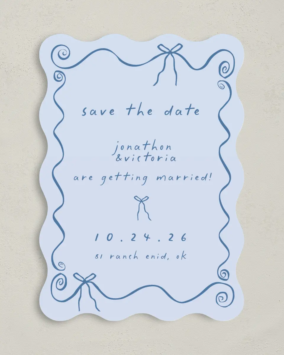This is a 5" x 7" Save the Date Card called Ribbon Kisses printed in full color on Premium Smooth paper